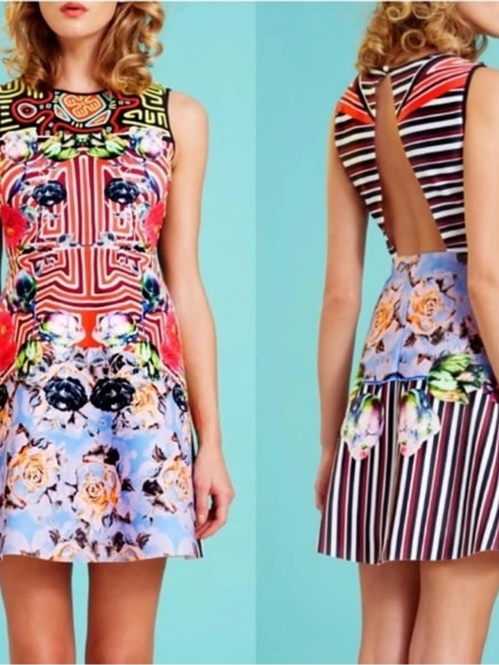 Floral Patchwork Striped Cutout Mini Dress - Multicolor